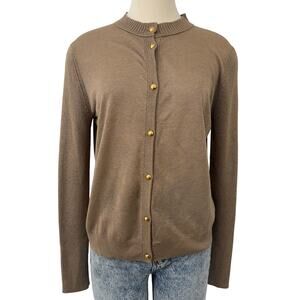 St. John Fine Lurex Cardigan Sweater Long Sleeve in Tan/Light Brown L